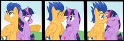 Size: 6694x2250 | Tagged: safe, artist:melodytheunicorn, flash sentry, twilight sparkle, alicorn, pegasus, pony, g4, blushing, comic, cute, diasentres, eyes closed, female, male, mare, nuzzling, ship:flashlight, shipping, snuggling, stallion, straight, twiabetes, twilight sparkle (alicorn)