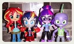 Size: 1024x620 | Tagged: safe, artist:artking3000, artist:crydius, sci-twi, spike, sunset shimmer, twilight sparkle, oc, oc:gamma, android, equestria girls, g4, doll, equestria girls minis, family, female, figurine, human spike, lesbian, magical lesbian spawn, offspring, parent:sci-twi, parent:sunset shimmer, parents:scitwishimmer, scientific lesbian spawn, ship:sci-twishimmer, ship:sunsetsparkle, shipping, toy