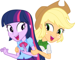 Size: 3728x3001 | Tagged: safe, artist:cloudy glow, applejack, twilight sparkle, equestria girls, g4, my little pony equestria girls, bowtie, clothes, cowboy hat, duo, female, freckles, hat, high res, open mouth, simple background, smiling, stetson, transparent background, twilight sparkle (alicorn), vector