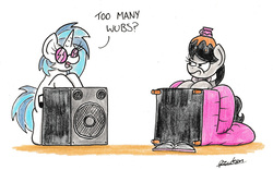 Size: 2358x1468 | Tagged: safe, artist:bobthedalek, dj pon-3, octavia melody, vinyl scratch, earth pony, pony, unicorn, g4, chair, dialogue, duo, female, mare, octavia is not amused, this will end in pain, traditional art, unamused, wub
