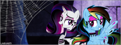 Size: 600x224 | Tagged: dead source, safe, artist:larvarti, rainbow dash, rarity, pegasus, pony, unicorn, g4, castle, dark, female, gothic, gothity, lesbian, looking at each other, makeup, mare, night, open mouth, raised hoof, ship:raridash, shipping, smiling, spider web, vector