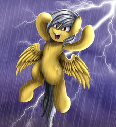 Size: 3069x3365 | Tagged: safe, artist:pridark, oc, oc only, oc:lightning faraday, pegasus, pony, clothes, cloud, female, high res, lightning, mare, open clothes, smiling, solo, storm