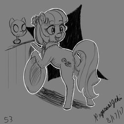 Size: 2000x2000 | Tagged: safe, artist:floofyfoxcomics, coco pommel, earth pony, pony, g4, bipedal, bipedal leaning, butt, female, grayscale, hat, high res, leaning, mare, monochrome, plot, solo
