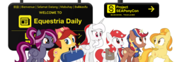 Size: 1000x350 | Tagged: safe, artist:dm29, oc, oc:indonisty, oc:kwankao, oc:pearl shine, oc:rosa blossomheart, oc:spotlight splash, oc:temmy, alicorn, earth pony, pegasus, pony, equestria daily, project seaponycon, g4, alicorn oc, female, group, indonesia, malaysia, mare, mascot, nation ponies, philippines, ponified, simple background, singapore, smiling, thailand, transparent background