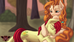 Size: 3840x2160 | Tagged: safe, artist:tsaritsaluna, bright mac, pear butter, earth pony, pony, g4, the perfect pear, 4k, applejack's parents, blushing, cute, eyes closed, female, high res, male, missing accessory, scene interpretation, scenery, ship:brightbutter, shipping, straight, tree, you're in my head like a catchy song
