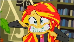 Size: 1237x705 | Tagged: safe, edit, screencap, sunset shimmer, epic fails, equestria girls, g4, my little pony equestria girls: summertime shorts, big grin, female, funny, grin, male, parody, simpsons did it, smiling, solo, teeth, the simpsons