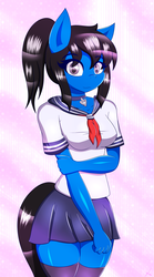 Size: 3150x5670 | Tagged: safe, artist:ramoncrimson935, oc, oc only, oc:sonica, anthro, anthro oc, clothes, cute, female, gift art, looking at you, mare, miniskirt, moe, ocbetes, ponytail, school uniform, shirt, skirt, skirt pull, smiling, socks, thigh highs, zettai ryouiki
