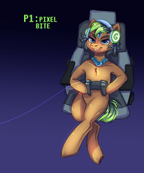 Size: 1113x1329 | Tagged: safe, artist:php154, oc, oc only, oc:pixel bite, semi-anthro, armpits, collar, controller, enhanced ponies, sitting, solo, video game