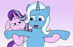 Size: 1280x834 | Tagged: safe, artist:thedigodragon, starlight glimmer, trixie, pony, unicorn, all bottled up, g4, cute, duo, female, floppy ears, looking at you, looking back, mare, open mouth, role reversal, trixie's puppeteering, underhoof