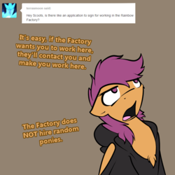 Size: 750x750 | Tagged: safe, artist:conmanwolf, scootaloo, pegasus, pony, ask factory scootaloo, fanfic:rainbow factory, g4, clothes, comic, factory scootaloo