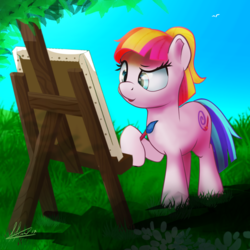 Size: 700x700 | Tagged: safe, artist:klemm, toola roola, earth pony, pony, fame and misfortune, g4, atg 2017, canvas, cute, female, filly, grass, hoof hold, nature, newbie artist training grounds, open mouth, outdoors, paintbrush, raised eyebrow, raised hoof, scenery, sky, smiling, solo, toola roola will be painting away
