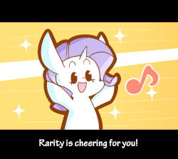 Size: 1497x1343 | Tagged: safe, artist:typhwosion, part of a set, rarity, pony, unicorn, g4, :d, animated, cheering, chibi, cute, eyes closed, female, gif, happy, hooves up, magikarp jump, mare, music notes, open mouth, open smile, positive ponies, raribetes, smiling, solo, sparkles, text, xd