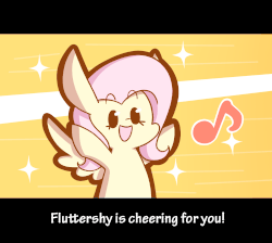 Size: 1497x1343 | Tagged: safe, artist:typhwosion, part of a set, fluttershy, pegasus, pony, g4, :d, animated, cheering, chibi, cute, eyes closed, female, gif, happy, hooves up, magikarp jump, mare, music notes, open mouth, open smile, positive ponies, shyabetes, smiling, solo, sparkles, text, xd