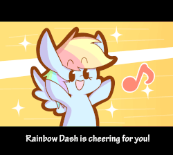 Size: 1497x1343 | Tagged: safe, artist:typhwosion, part of a set, rainbow dash, pegasus, pony, g4, :d, animated, bronybait, cheering, chibi, cute, dashabetes, eyes closed, female, gif, happy, hooves up, magikarp jump, mare, music notes, open mouth, open smile, positive ponies, smiling, solo, sparkles, text, xd