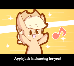 Size: 1497x1343 | Tagged: safe, artist:typhwosion, part of a set, applejack, earth pony, pony, g4, :d, animated, cheering, chibi, cowboy hat, cute, eyes closed, female, gif, happy, hat, hooves up, magikarp jump, mare, music notes, open mouth, open smile, positive ponies, smiling, solo, sparkles, text, xd