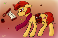 Size: 1385x911 | Tagged: safe, artist:zephyr!, oc, oc only, oc:autumn colors, pony, unicorn, autumn, clothes, floppy ears, flower, freckles, gradient background, leaf, leaves, magic, male, saddle bag, scarf, scroll, simple background, solo, stallion, standing, wind, windswept mane