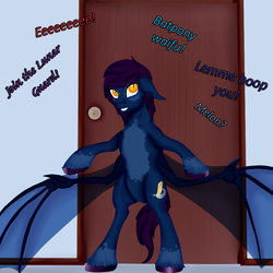 Size: 900x900 | Tagged: safe, artist:bevendre, oc, oc only, oc:midnight oil, bat pony, pony, bat pony oc, bipedal, solo, spread wings, text, wings