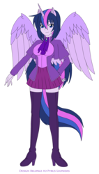Size: 1756x3098 | Tagged: safe, artist:pyrus-leonidas, oc, oc only, oc:princess silvia, human, boots, clothes, horn, horned humanization, humanized, looking at you, next generation, offspring, parent:flash sentry, parent:twilight sparkle, parents:flashlight, shoes, simple background, smiling, thigh boots, transparent background, winged humanization, wings