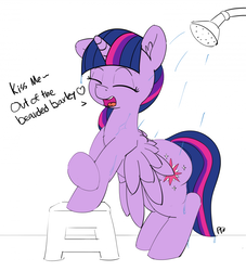 Size: 1280x1407 | Tagged: safe, artist:pabbley, twilight sparkle, alicorn, pony, g4, 30 minute art challenge, adorkable, bipedal, bipedal leaning, butt, cute, dialogue, dork, eyes closed, female, kiss me, leaning, mare, open mouth, plot, shower, singing, singing in the shower, sixpence none the richer, solo, song reference, twiabetes, twilight sparkle (alicorn)
