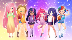 Size: 2560x1440 | Tagged: safe, artist:born-to-die, applejack, fluttershy, pinkie pie, rainbow dash, rarity, twilight sparkle, human, g4, abstract background, alternate hairstyle, anime, anime style, arm band, armlet, backpack, basketball, boots, bracelet, braid, clothes, cowboy hat, cutie mark accessory, cutie mark on clothes, digital art, dress, earring, female, glasses, hair accessory, hair tie, hat, human female, humanized, jewelry, leg warmers, light skin, looking at you, mane six, miniskirt, moderate dark skin, multicolored hair, name tag, necklace, necktie, one eye closed, open mouth, patch, pom pom (clothes), randoseru, sandals, school uniform, shirt, shoes, shorts, skirt, smiling, sneakers, socks, stetson, stockings, sweat, sweater dress, tongue out, wink, younger, zettai ryouiki