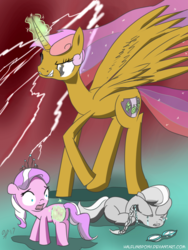 Size: 960x1280 | Tagged: safe, artist:halflingpony, apple bloom, diamond tiara, scootaloo, silver spoon, sweetie belle, alicorn, earth pony, pony, g4, blank flank, broken glasses, butt, corrupted, crying, cutie mark crusaders, cutie mark removal, dark, female, filly, fusion, glasses, lightning, newbie artist training grounds, nightmare, nightmarified, plot, the ultimate cutie mark crusader, we have become one