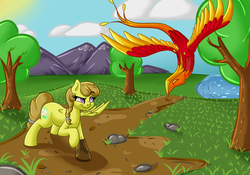 Size: 2000x1400 | Tagged: safe, artist:blues4th, oc, oc only, oc:calming voice, pegasus, phoenix, pony, amputee, cloud, falconry, flying, grass, missing limb, mountain, nature, prosthetics, scenery, solo, stump (limb), sun, tree