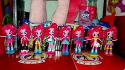 Size: 1536x864 | Tagged: safe, apple bloom, pinkie pie, human, pony, equestria girls, g4, collection, doll, duality, equestria girls minis, eqventures of the minis, human ponidox, irl, merchandise, multeity, my little pony logo, photo, plushie, self ponidox, too much pink energy is dangerous, toy