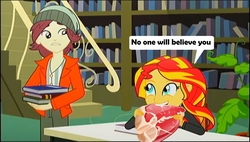 Size: 1176x670 | Tagged: safe, edit, edited screencap, screencap, normal norman, sunset shimmer, epic fails, equestria girls, g4, my little pony equestria girls: summertime shorts, bill murray, book, food, funny, funny as hell, library, meat, no one will believe you, omnivore sunset, parody