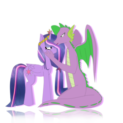 Size: 894x894 | Tagged: safe, artist:est1miyamae, spike, twilight sparkle, alicorn, dragon, pony, g4, adult, adult spike, crown, crying, female, hand on chin, hilarious in hindsight, jewelry, male, older, older spike, regalia, ship:twispike, shipping, simple background, straight, twilight sparkle (alicorn), white background