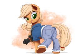 Size: 2700x1890 | Tagged: safe, artist:j24262756, applejack, earth pony, pony, g4, atg 2017, camera, clothes, female, freckles, looking back, mare, newbie artist training grounds, photography, solo, tongue out