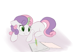 Size: 1200x850 | Tagged: safe, artist:vanillaghosties, sweetie belle, pony, unicorn, g4, atg 2017, drawing, female, filly, newbie artist training grounds, smiling, solo