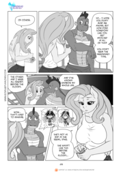 Size: 1200x1697 | Tagged: safe, artist:pia-sama, fluttershy, spike, dragon, pegasus, anthro, comic:rogue diamond, g4, abs, bandage, breasts, busty fluttershy, clothes, comic, female, mare, monochrome, older, older spike, speech bubble