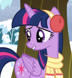 Size: 730x795 | Tagged: safe, screencap, twilight sparkle, alicorn, pony, g4, tanks for the memories, adorkable, clothes, cropped, cute, dork, earmuffs, female, folded wings, mare, nature, outdoors, scarf, snow, solo, tree, twiabetes, twilight sparkle (alicorn)
