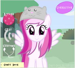 Size: 608x553 | Tagged: safe, artist:comfydove, artist:heartwarmer-mlp, oc, oc only, oc:comfy dove, pegasus, pony, game, hat, simulator, solo