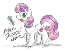 Size: 1416x1118 | Tagged: safe, artist:flutterthrash, sweetie belle, pony, atg 2017, cannibal corpse, death metal, dialogue, female, hammer smashed face (song), magic, metal, microphone, newbie artist training grounds, solo, song reference, telekinesis