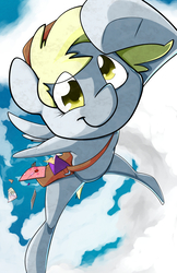 Size: 792x1224 | Tagged: safe, artist:graphic-lee, derpy hooves, pegasus, pony, g4, cloud, female, flying, letter, mailbag, mailmare, mare, solo