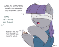 Size: 1500x1206 | Tagged: safe, artist:ncmares, maud pie, pony, g4, atg 2017, blindfold, clothes, dialogue, female, implied marble pie, newbie artist training grounds, offscreen character