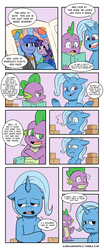 Size: 2600x6277 | Tagged: safe, artist:raph13th, spike, trixie, oc, oc:greg, dragon, pony, comic:glim glam and pals, g4, adorkable twilight and friends fanart, book, comic, crossed arms, dialogue, floppy ears, sad, smiling, smirk, teary eyes, tumblr, underhoof