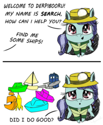 Size: 1038x1251 | Tagged: safe, artist:chopsticks, derpibooru exclusive, oc, oc only, oc:search, earth pony, pony, derpibooru, chibi, clothes, cute, derpibooru ponified, doctor who, female, hat, hnnng, literal minded, looking at you, looking up, magnifying glass, meta, offscreen character, ponified, rule 34, searching, ship, shipper on deck, shipping, simple background, sitting, solo, tardis, text, uss enterprise