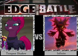 Size: 1008x720 | Tagged: safe, tempest shadow, pony, unicorn, g4, my little pony: the movie, broken horn, crossover, death battle, edge, edge battle, edgy, exploitable meme, eye scar, female, horn, infinite (character), male, mare, meme, ow the edge, scar, sonic forces, sonic the hedgehog, sonic the hedgehog (series)