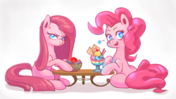 Size: 1617x911 | Tagged: safe, artist:sunbusting, pinkie pie, pony, g4, duality, female, food, frown, ice cream, looking at you, open mouth, pinkamena diane pie, sitting, smiling, solo, table