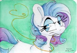 Size: 1024x705 | Tagged: safe, artist:cutepencilcase, rarity, pony, g4, chest fluff, ear fluff, female, lidded eyes, looking away, mouth hold, simple background, solo, traditional art