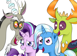 Size: 1936x1400 | Tagged: safe, artist:squipycheetah, discord, starlight glimmer, thorax, trixie, changedling, changeling, pony, unicorn, g4, crown, cute, diatrixes, discute, female, glimmerbetes, happy, jewelry, king thorax, looking at you, male, reformed four, regalia, simple background, smiling, thorabetes, transparent background, vector