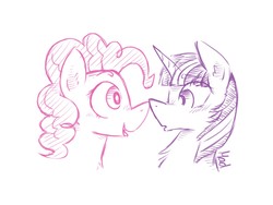 Size: 1024x768 | Tagged: safe, artist:mad-maker-cat, pinkie pie, twilight sparkle, earth pony, pony, unicorn, g4, :o, boop, chest fluff, eye contact, female, lesbian, looking at each other, mare, noseboop, open mouth, ship:twinkie, shipping, simple background, sketch, smiling, white background, wide eyes
