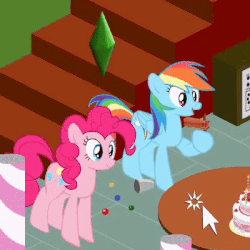 Size: 400x400 | Tagged: safe, artist:yudhaikeledai, pinkie pie, rainbow dash, earth pony, pegasus, pony, g4, animated, birthday, cake, cropped, crossover, cup, duo, female, food, gif, mare, mouse cursor, party, plumbob, ratchet, sound at source, stairs, the ponies, the sims, youtube link