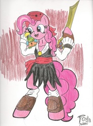 Size: 1680x2280 | Tagged: safe, artist:radiancebreaker, gummy, pinkie pie, semi-anthro, g4, my little pony: the movie, clothes, gummy the parrot, pirate, pirate pinkie pie, sword, traditional art, weapon