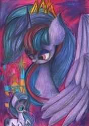 Size: 817x1158 | Tagged: safe, artist:emi-288, starlight glimmer, twilight sparkle, alicorn, pony, unicorn, g4, crown, jewelry, regalia, traditional art, twilight sparkle (alicorn), twilight's castle