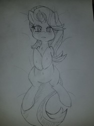 Size: 1280x1707 | Tagged: safe, artist:fluttershy-wins, starlight glimmer, pony, unicorn, g4, belly button, blushing, female, lying down, monochrome, on back, sketch, solo, traditional art