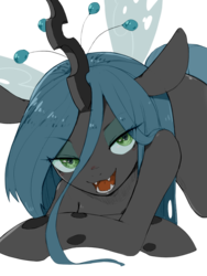 Size: 960x1280 | Tagged: safe, artist:30clock, artist:rinku, color edit, edit, queen chrysalis, changeling, changeling queen, g4, bedroom eyes, colored, crown, fangs, female, jewelry, looking at you, open mouth, regalia, simple background, solo, stupid sexy chrysalis, transparent background