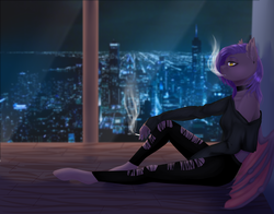 Size: 2800x2200 | Tagged: safe, artist:maria-fly, oc, oc only, oc:dawn sentry, bat pony, anthro, unguligrade anthro, choker, cigarette, city, clothes, high res, night, sitting, smoking, solo